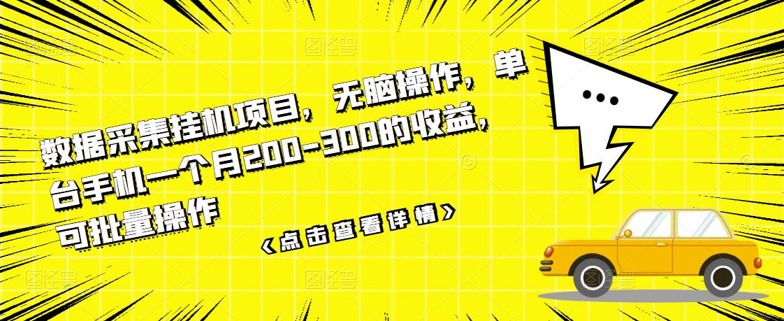 数据采集挂机项目，无脑操作，单台手机一个月200-300的收益，可批量操作-88共享