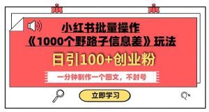 小红书批量操作《1000个野路子信息差》玩法,一分钟制作一个图文,不封号,日引100+创业粉-88共享
