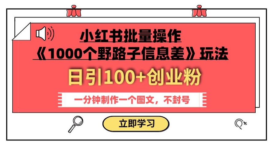 小红书批量操作《1000个野路子信息差》玩法，一分钟制作一个图文，不封号，日引100+创业粉-88共享
