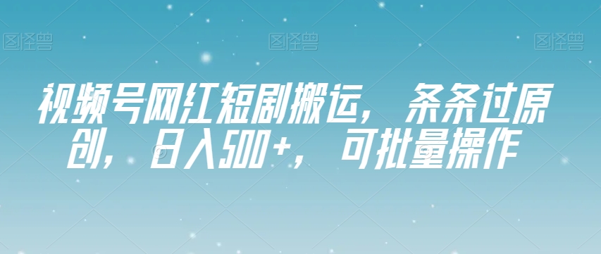 视频号网红短剧搬运，条条过原创，日入500+，可批量操作【揭秘】-88共享