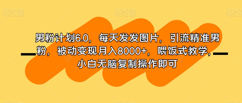 男粉计划6.0，每天发发图片，引流精准男粉，被动变现月入8000+，喂饭式教学，小白无脑复制操作即可-88共享