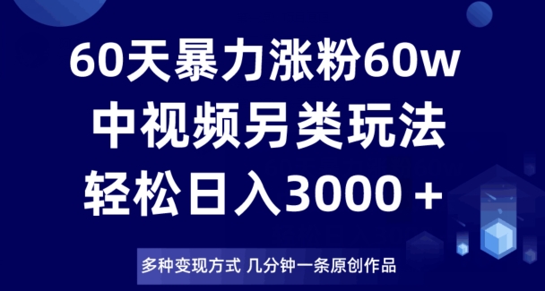 60天暴力涨粉60W，中视频另类玩法，日入3000＋，几分钟一条原创作品多种变现方式-88共享