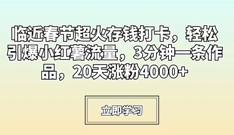 临近春节超火存钱打卡，轻松引爆小红薯流量，3分钟一条作品，20天涨粉4000+【揭秘】-88共享