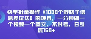 快手批量操作《1000个野路子信息差玩法》的项目，一分钟做一个视频一个图文，不封号，日引流150+【揭秘】-88共享