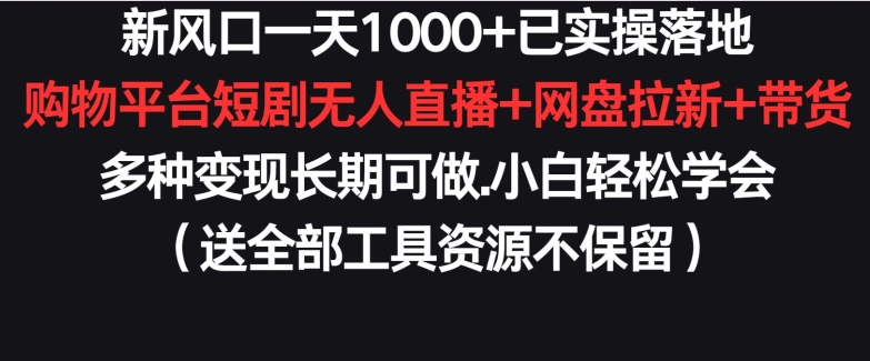 新风口一天1000+已实操落地购物平台短剧无人直播+网盘拉新+带货多种变现长期可做【揭秘】-88共享