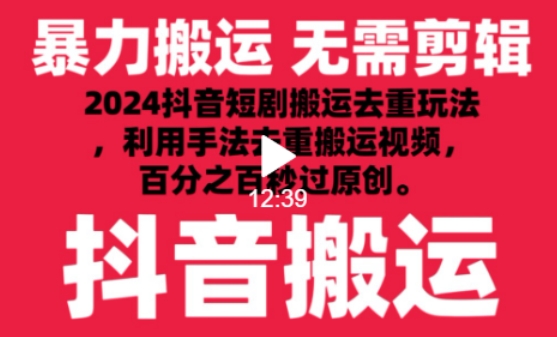 2024最新抖音搬运技术，抖音短剧视频去重，手法搬运，利用工具去重，达到秒过原创的效果【揭秘】-88共享