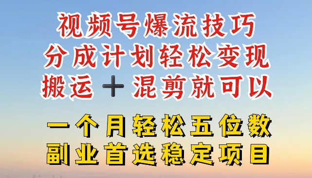 视频号爆流技巧，分成计划轻松变现，搬运 +混剪就可以，一个月轻松五位数稳定项目【揭秘】-88共享