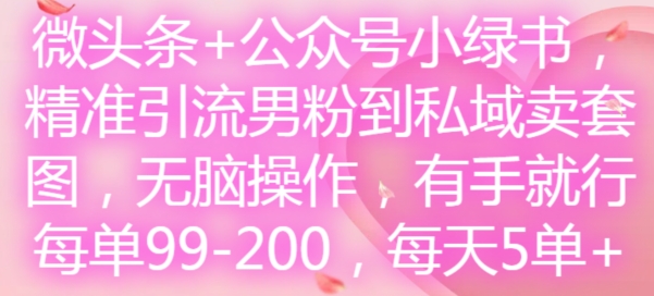 微头条+公众号小绿书，精准引流男粉到私域卖套图，无脑操作，有手就行，每单99-200，每天5单-88共享
