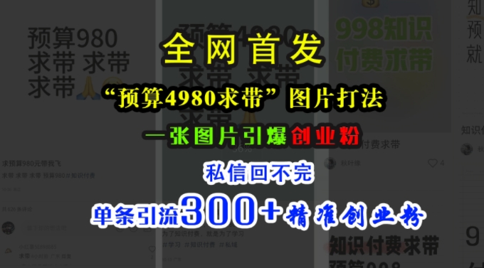 小红书“预算4980带我飞”图片打法，一张图片引爆创业粉，私信回不完，单条引流300+精准创业粉-88共享