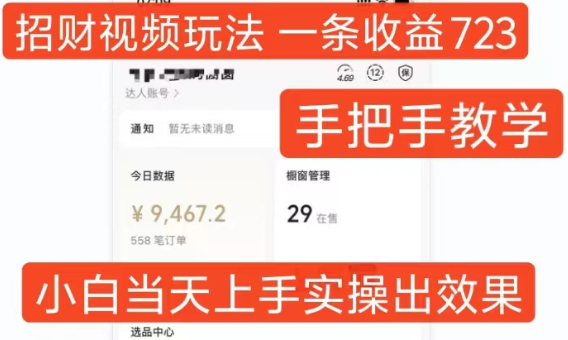 招财视频玩法，一条视频收益723，手把手教学，小白当天可上手-88共享