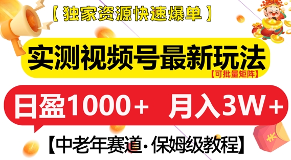 实测视频号最新玩法，中老年赛道，独家资源，月入过W+【揭秘】-88共享