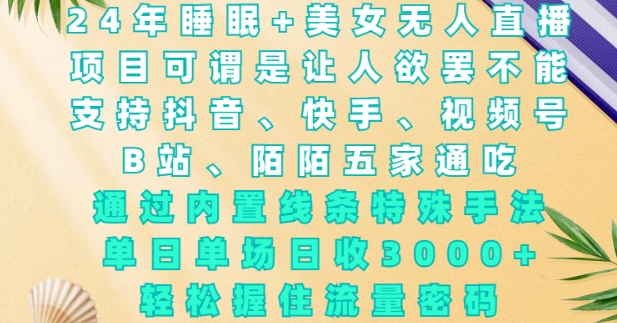 2024年睡眠+美女无人直播，通过内置线条特殊手法，单场日收3k+，轻松握住流量密码【揭秘】-88共享