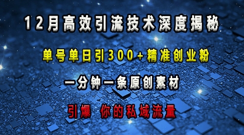 最新高效引流技术深度揭秘 ，单号单日引300+精准创业粉，一分钟一条原创素材，引爆你的私域流量-88共享