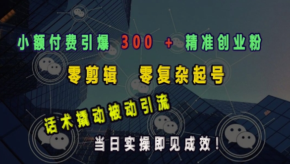 小额付费引爆 300 + 精准创业粉，零剪辑、零复杂起号，话术撬动被动引流，当日实操即见成效-88共享