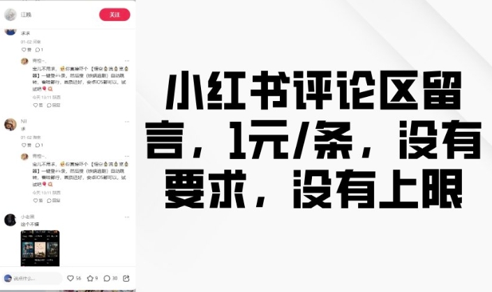 小红书评论区留言，1元条，没有要求，没有上限-88共享