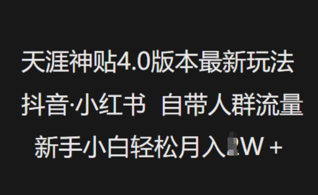 天涯神贴4.0版本最新玩法，抖音·小红书自带人群流量，新手小白轻松月入过W-88共享