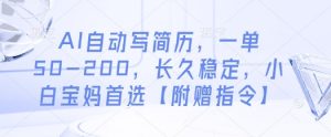 AI自动写简历，一单50-200，长久稳定，小白宝妈首选【附赠指令】-88共享