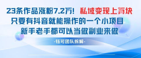 抖音私域项目23条作品涨粉7.2W，私域变现1W-88共享