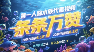 第一人称水族代言视频，条条万赞，20条作品涨粉7.8W，多种变现方式月入五位数-88共享