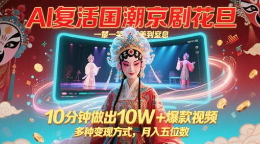 AI复活国潮京剧花旦，一颦一笑美到窒息，10分钟做出10W+爆款视频，多种变现方式，月入五位数-88共享