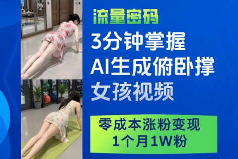 3分钟掌握AI生成俯卧撑女孩视频，零成本涨粉变现，1个月1W粉-88共享