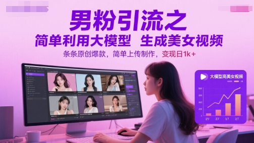 男粉引流之简单利用大模型生成美女视频，条条原创爆款，简单上传制作，变现日1k+-88共享