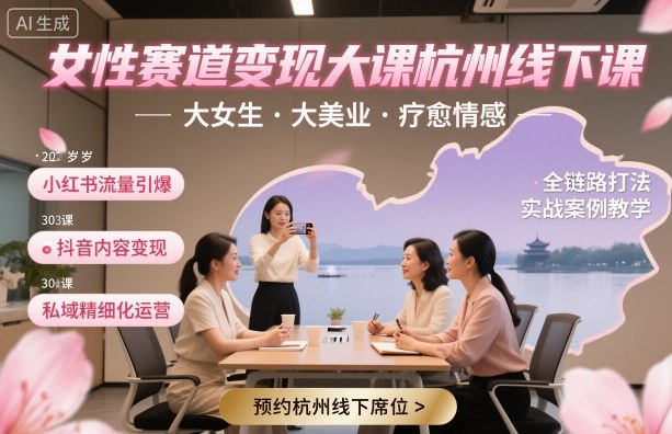 女性赛道变现大课杭州线下，大女生，大美业，疗愈情感，一套小红书、抖音、私域全链路打法-88共享